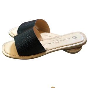 Chinese Laundry Regina Slide Sandals Croco Embossed Black Faux Leather Women’s